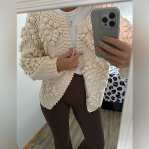Chicwish Handmade Wool  Chunky Knit Sweater Cardigan Pom Pom